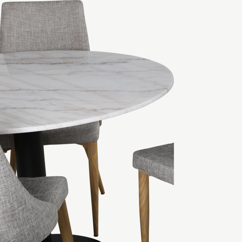 Estelle ümmarguse marmorlauaplaadiga söögigrupp ja helehallid polsterdatud toolid Leone, GR22000 – 2