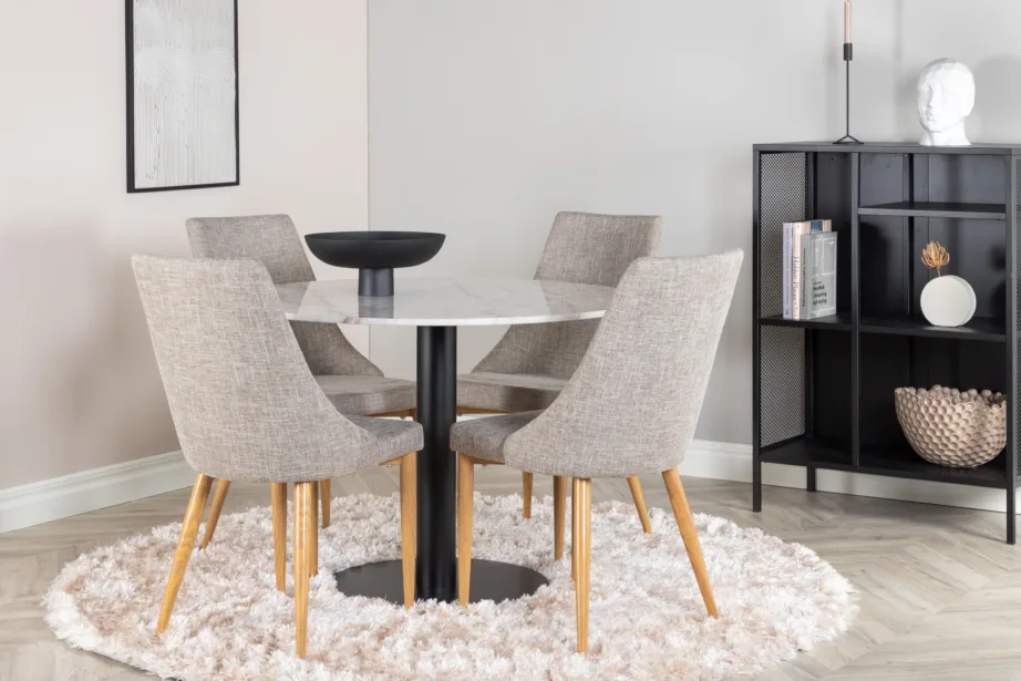 Estelle ümmarguse marmorlauaplaadiga söögigrupp ja helehallid polsterdatud toolid Leone, GR22000 – 3