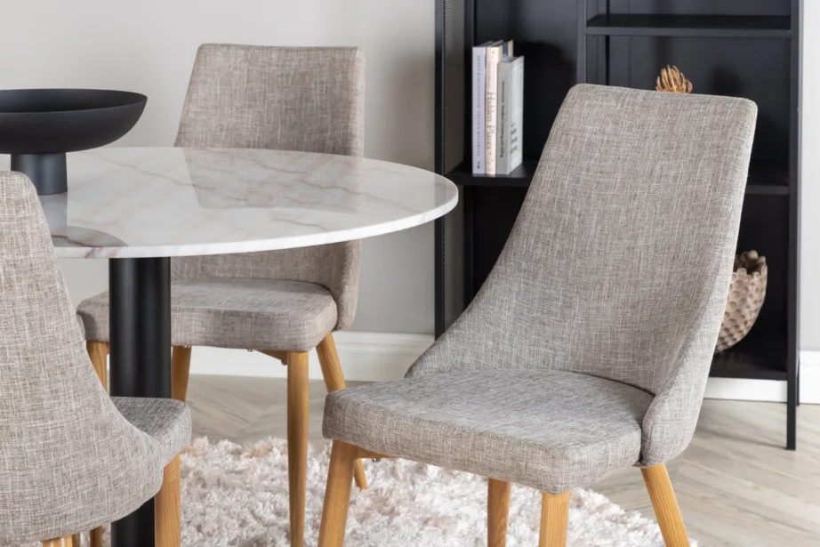 Estelle ümmarguse marmorlauaplaadiga söögigrupp ja helehallid polsterdatud toolid Leone, GR22000 – 6