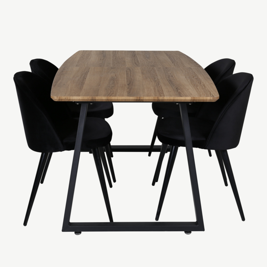 Pähklitooni pikendatav söögilaud Inca ja musta velvetkattega tool, GR22001 – 2