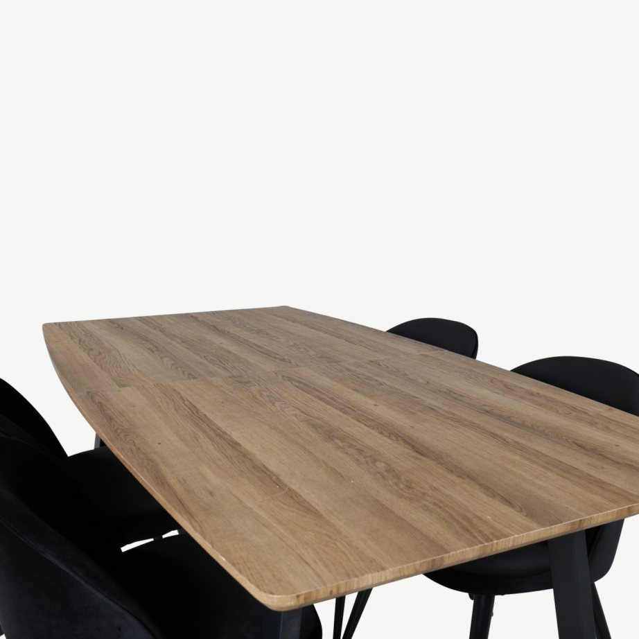 Pähklitooni pikendatav söögilaud Inca ja musta velvetkattega tool, GR22001 – 3