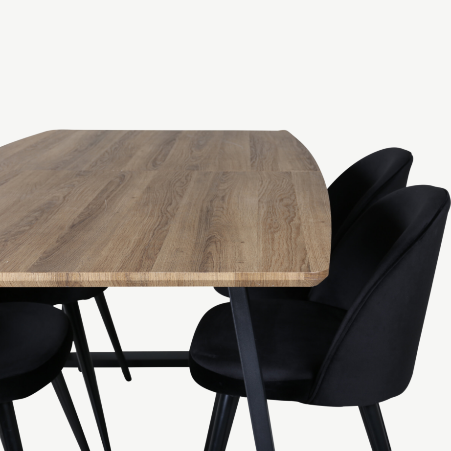 Pähklitooni pikendatav söögilaud Inca ja musta velvetkattega tool, GR22001 – 4