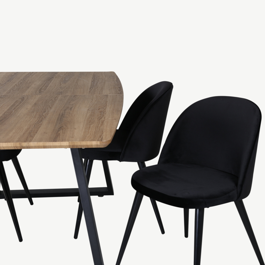 Pähklitooni pikendatav söögilaud Inca ja musta velvetkattega tool, GR22001 – 5