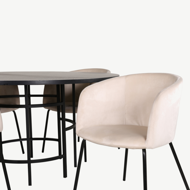 Ümmargune söögilaud Copenhagen (must MDF, ø140cm) ja Berit toolid (beež velvet, 4 tk) - GR22004