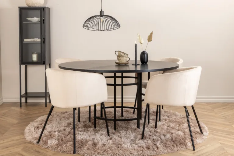 Ümmargune söögilaud Copenhagen (must MDF, ø140cm) ja Berit toolid (beež velvet, 4 tk) - GR22004