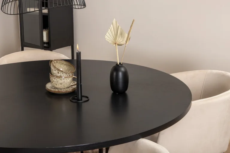 Ümmargune söögilaud Copenhagen (must MDF, ø140cm) ja Berit toolid (beež velvet, 4 tk) - GR22004