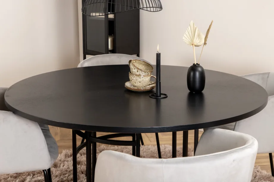Ümmargune söögilauakomplekt Copenhagen (must lauaplaat, helehallid sametist toolid, ø140 cm), GR22005 – 6