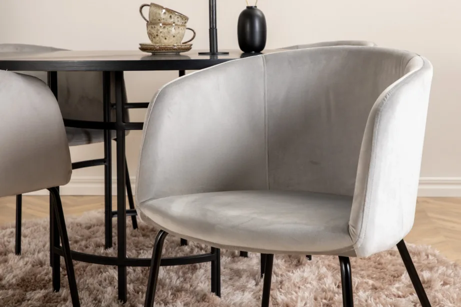 Ümmargune söögilauakomplekt Copenhagen (must lauaplaat, helehallid sametist toolid, ø140 cm), GR22005 – 8