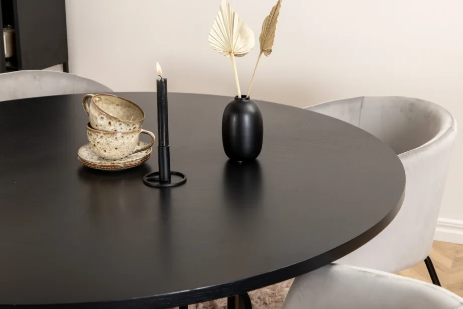 Ümmargune söögilauakomplekt Copenhagen (must lauaplaat, helehallid sametist toolid, ø140 cm), GR22005 – 9