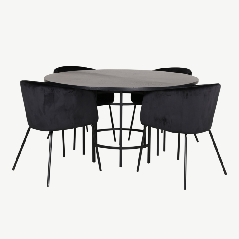 Ümmargune söögilaud Copenhagen koos musta sametkattega toolidega (ø140 cm, 4 tooli) - GR22006