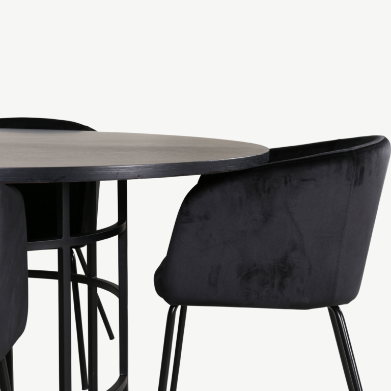 Ümmargune söögilaud Copenhagen koos musta sametkattega toolidega (ø140 cm, 4 tooli) - GR22006