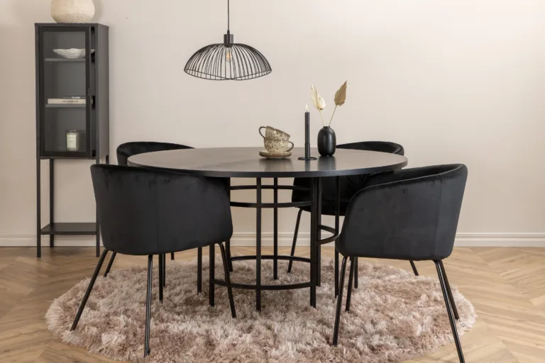 Ümmargune söögilaud Copenhagen koos musta sametkattega toolidega (ø140 cm, 4 tooli) - GR22006
