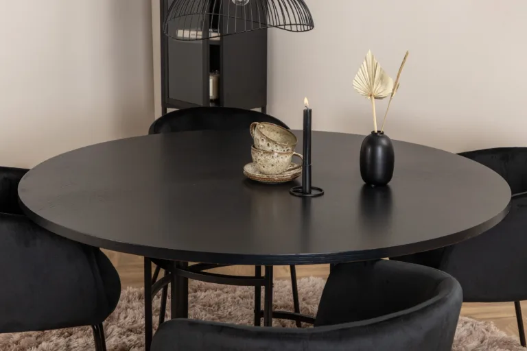 Ümmargune söögilaud Copenhagen koos musta sametkattega toolidega (ø140 cm, 4 tooli) - GR22006