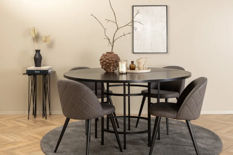 Ümmargune söögilauakomplekt Copenhagen (must laud, 4 halli mikrokiust tooli) - GR22007