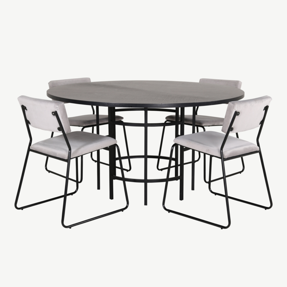 Ümmargune söögilaud Copenhagen (must, Ø140cm) ja 4 helehalli velvetkangaga tooli Kenth, GR22009