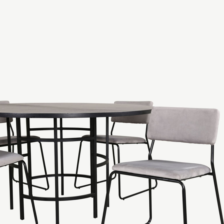 Ümmargune söögilaud Copenhagen (must, Ø140cm) ja 4 helehalli velvetkangaga tooli Kenth - GR22009