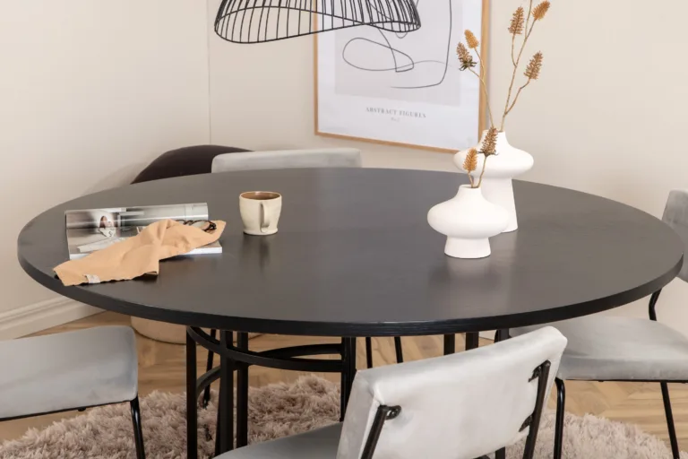 Ümmargune söögilaud Copenhagen (must, Ø140cm) ja 4 helehalli velvetkangaga tooli Kenth - GR22009