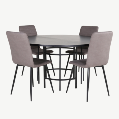Ümmargune söögilauakomplekt Copenhagen (must MDF, 4 halli mikrofiibrist tooli) - GR22010