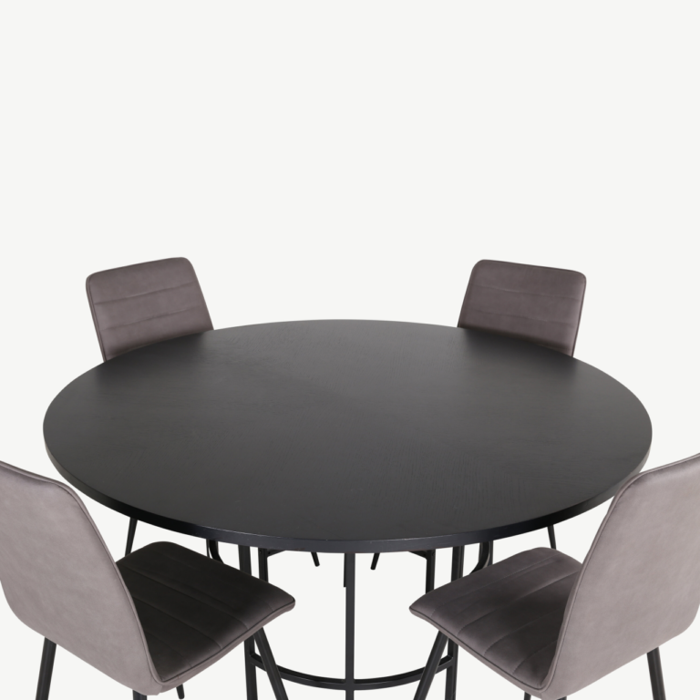 Ümmargune söögilauakomplekt Copenhagen (must MDF, 4 halli mikrofiibrist tooli) - GR22010