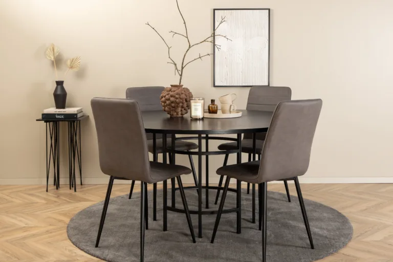 Ümmargune söögilauakomplekt Copenhagen (must MDF, 4 halli mikrofiibrist tooli) - GR22010
