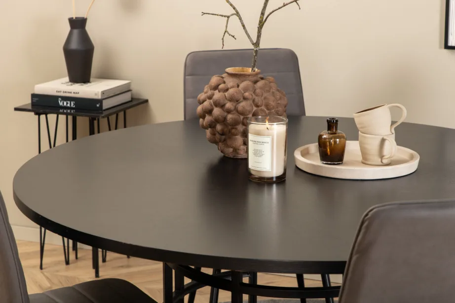 Ümmargune söögilauakomplekt Copenhagen (must MDF, 4 halli mikrofiibrist tooli), GR22010 – 9