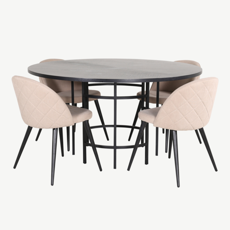 Ümmargune söögilauakomplekt Copenhagen (must MDF, 4 beeži kangast tooli) - GR22013