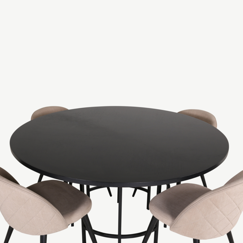 Ümmargune söögilauakomplekt Copenhagen (must MDF, 4 beeži kangast tooli), GR22013 – 2