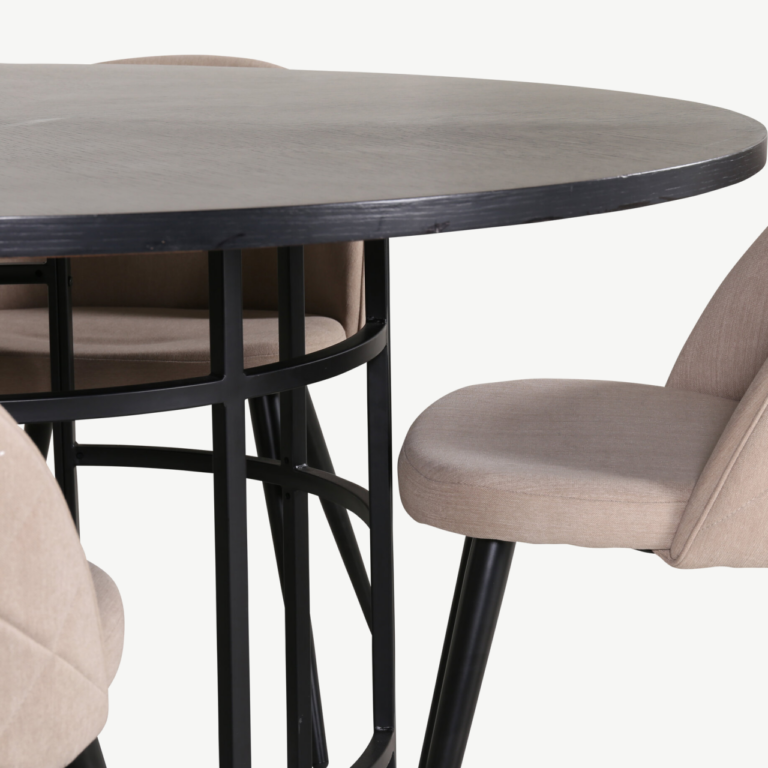 Ümmargune söögilauakomplekt Copenhagen (must MDF, 4 beeži kangast tooli) - GR22013