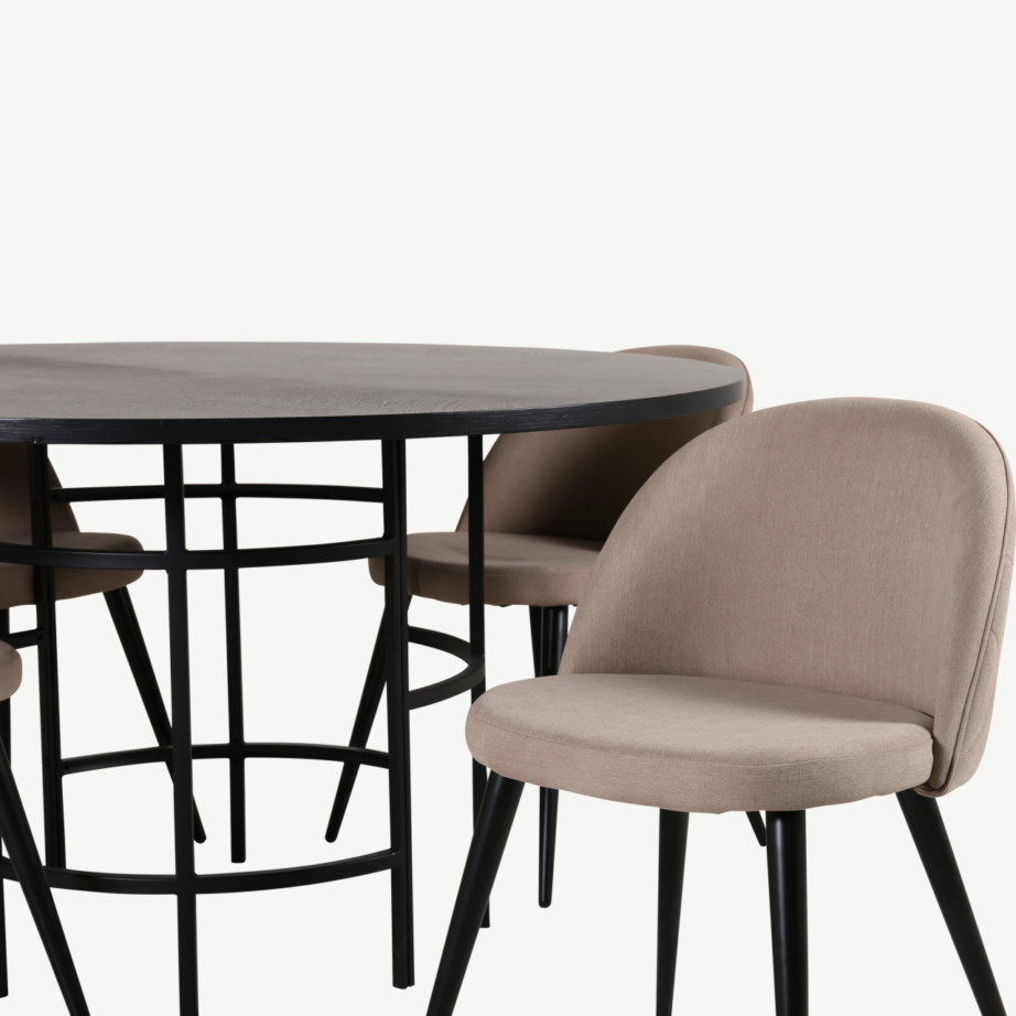 Ümmargune söögilauakomplekt Copenhagen (must MDF, 4 beeži kangast tooli), GR22013 – 4