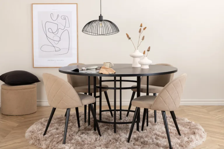 Ümmargune söögilauakomplekt Copenhagen (must MDF, 4 beeži kangast tooli) - GR22013