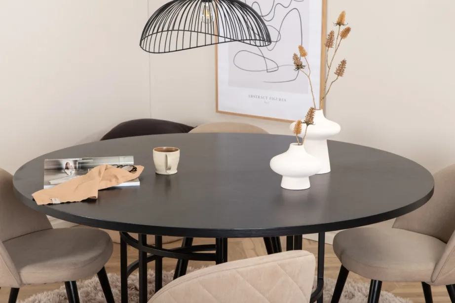 Ümmargune söögilauakomplekt Copenhagen (must MDF, 4 beeži kangast tooli), GR22013 – 6