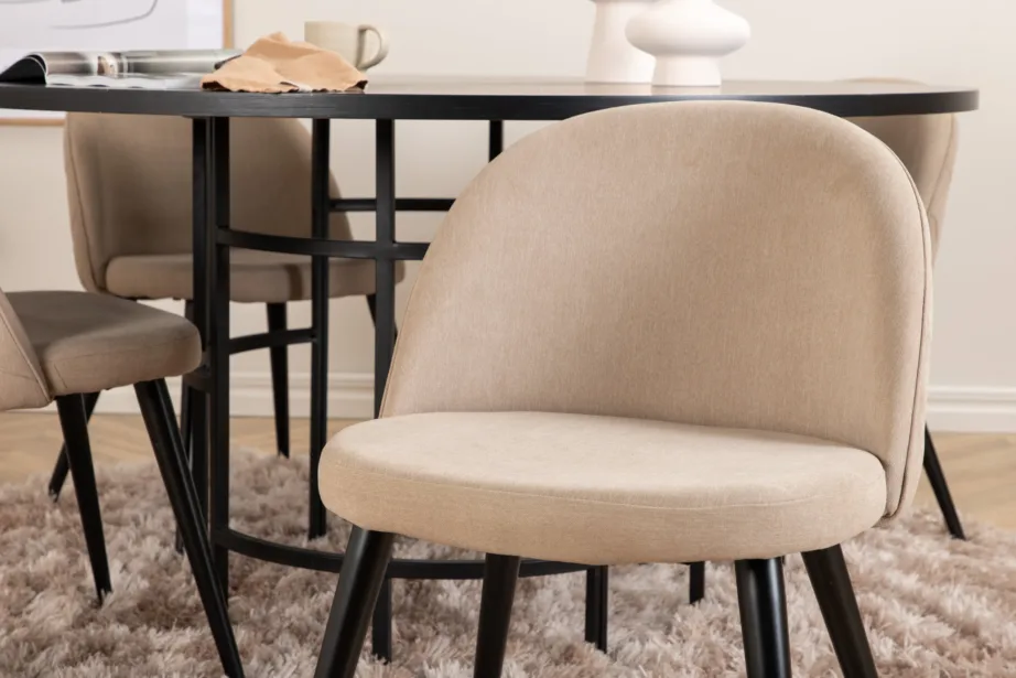 Ümmargune söögilauakomplekt Copenhagen (must MDF, 4 beeži kangast tooli), GR22013 – 8