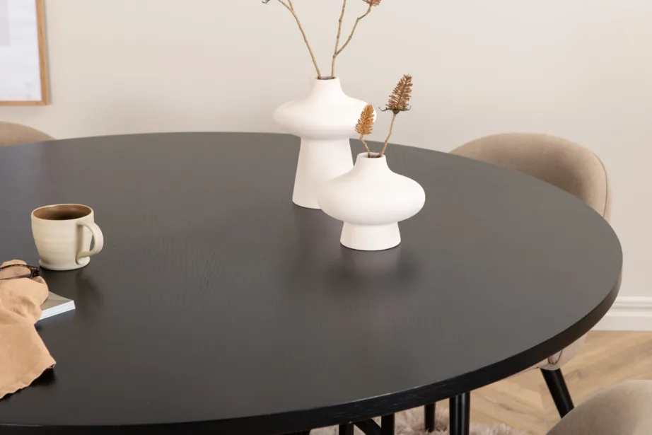 Ümmargune söögilauakomplekt Copenhagen (must MDF, 4 beeži kangast tooli), GR22013 – 9