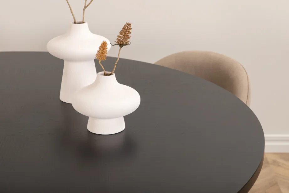 Ümmargune söögilauakomplekt Copenhagen (must MDF, 4 beeži kangast tooli), GR22013 – 10