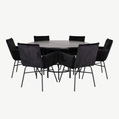 Ümmargune söögilaud Copenhagen ja mustad velvetkattega Petra toolid (laud 140cm, 6 tooli) - GR22014