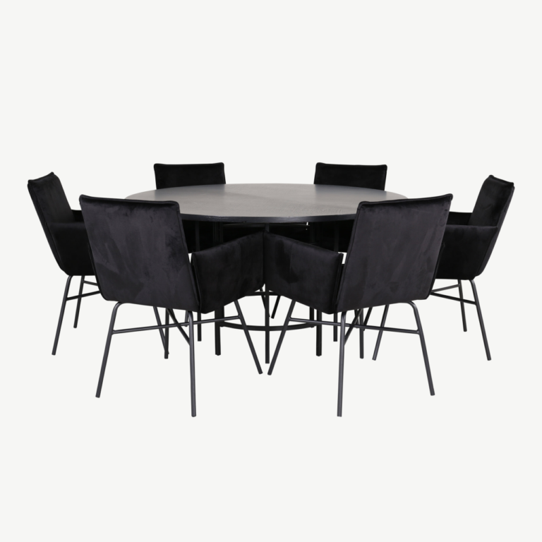 Ümmargune söögilaud Copenhagen ja mustad velvetkattega Petra toolid (laud 140cm, 6 tooli) - GR22014