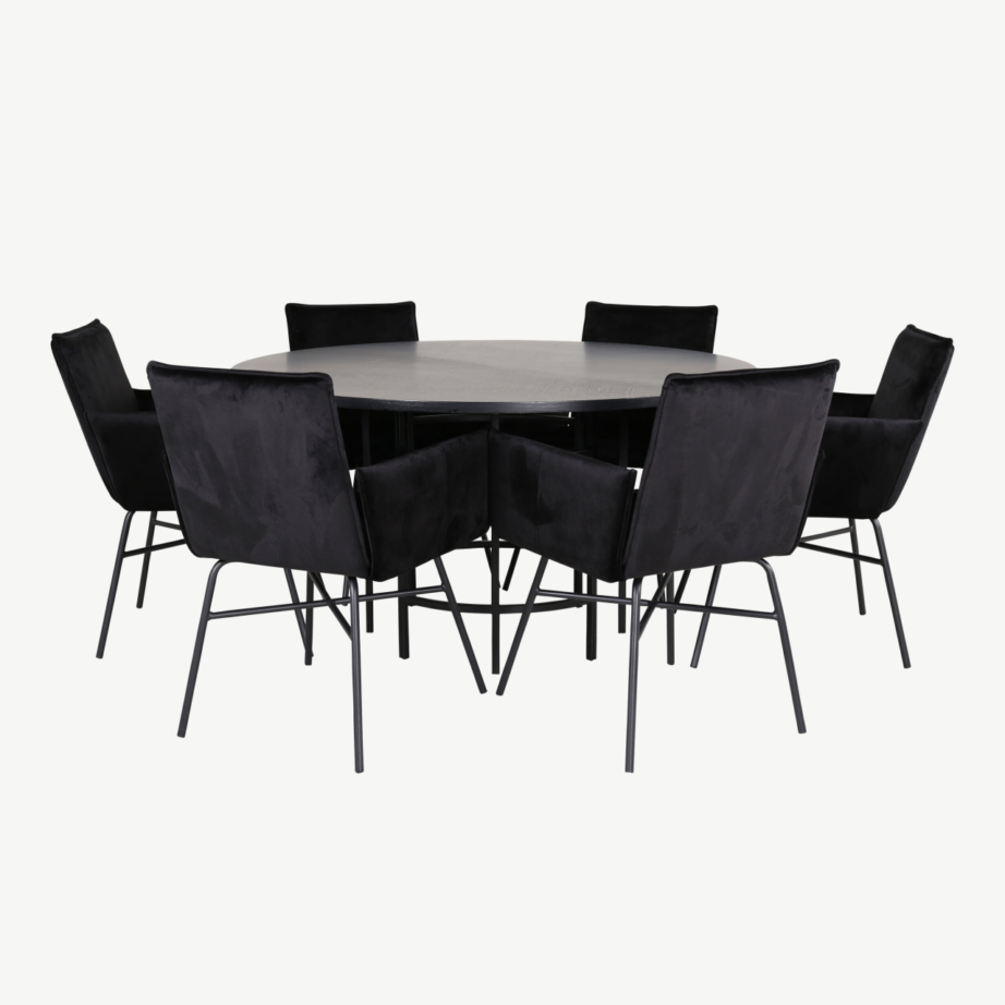 Ümmargune söögilaud Copenhagen ja mustad velvetkattega Petra toolid (laud 140cm, 6 tooli), GR22014