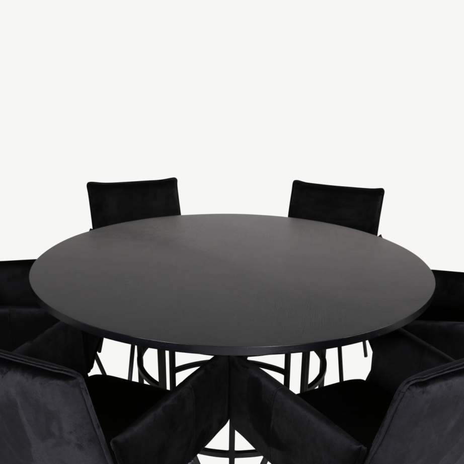 Ümmargune söögilaud Copenhagen ja mustad velvetkattega Petra toolid (laud 140cm, 6 tooli), GR22014 – 2