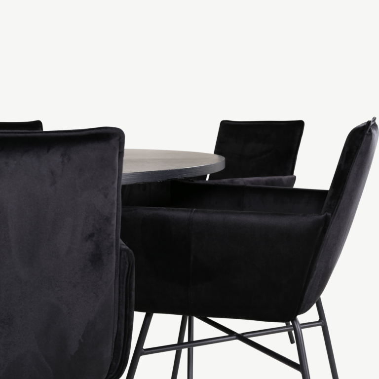 Ümmargune söögilaud Copenhagen ja mustad velvetkattega Petra toolid (laud 140cm, 6 tooli) - GR22014