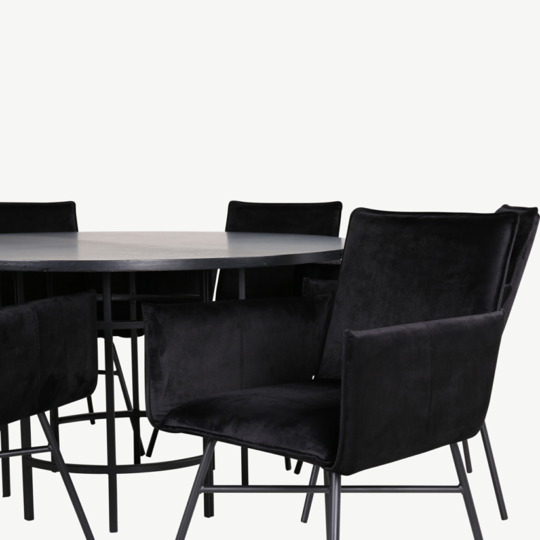 Ümmargune söögilaud Copenhagen ja mustad velvetkattega Petra toolid (laud 140cm, 6 tooli) - GR22014