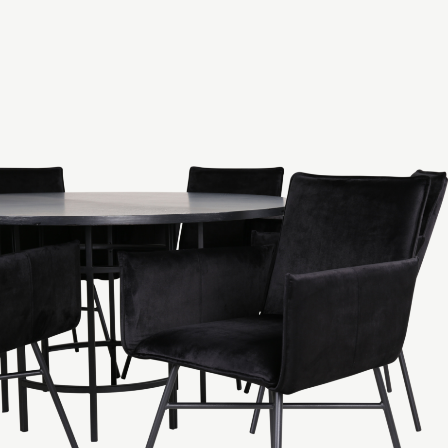 Ümmargune söögilaud Copenhagen ja mustad velvetkattega Petra toolid (laud 140cm, 6 tooli), GR22014 – 4