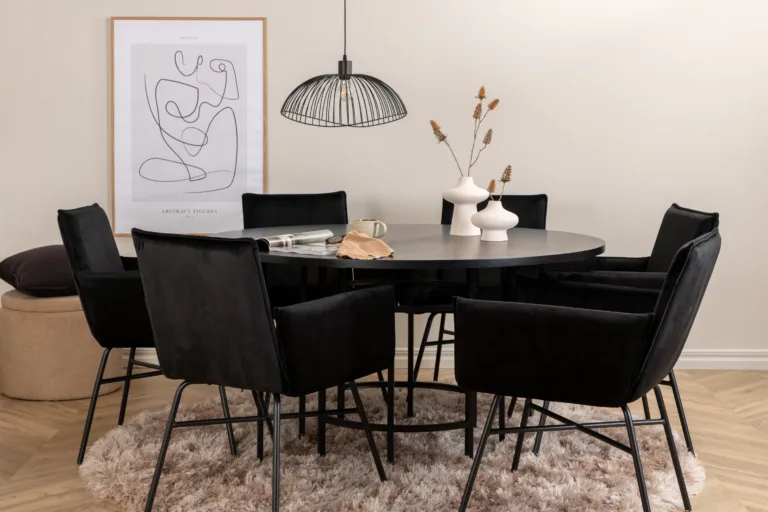 Ümmargune söögilaud Copenhagen ja mustad velvetkattega Petra toolid (laud 140cm, 6 tooli) - GR22014