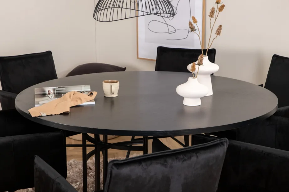 Ümmargune söögilaud Copenhagen ja mustad velvetkattega Petra toolid (laud 140cm, 6 tooli), GR22014 – 6