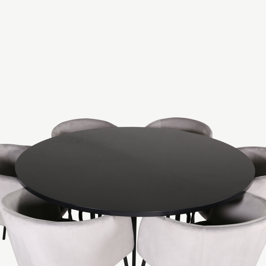 Ümmargune söögilaud Copenhagen (must, ø140cm) ja 6 halli sametist tooli, GR22017 – 2
