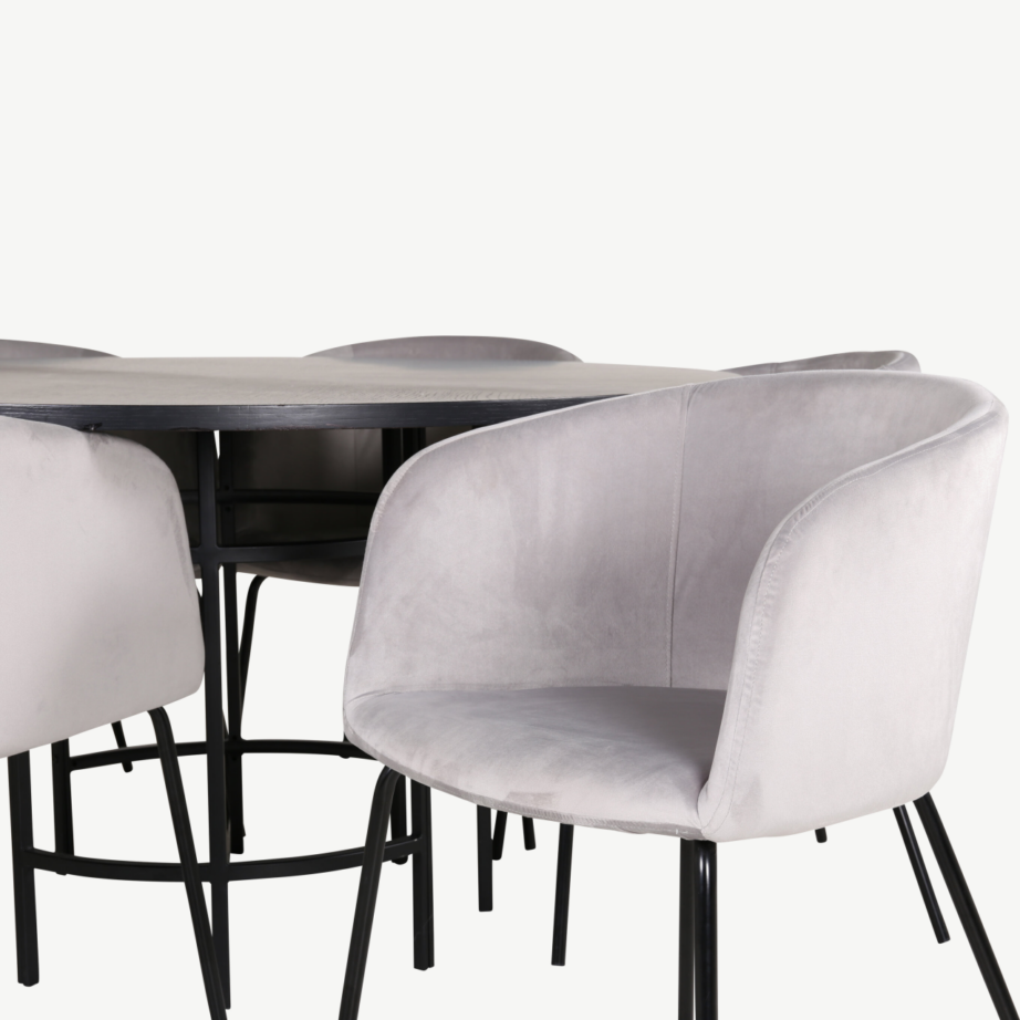 Ümmargune söögilaud Copenhagen (must, ø140cm) ja 6 halli sametist tooli, GR22017 – 4