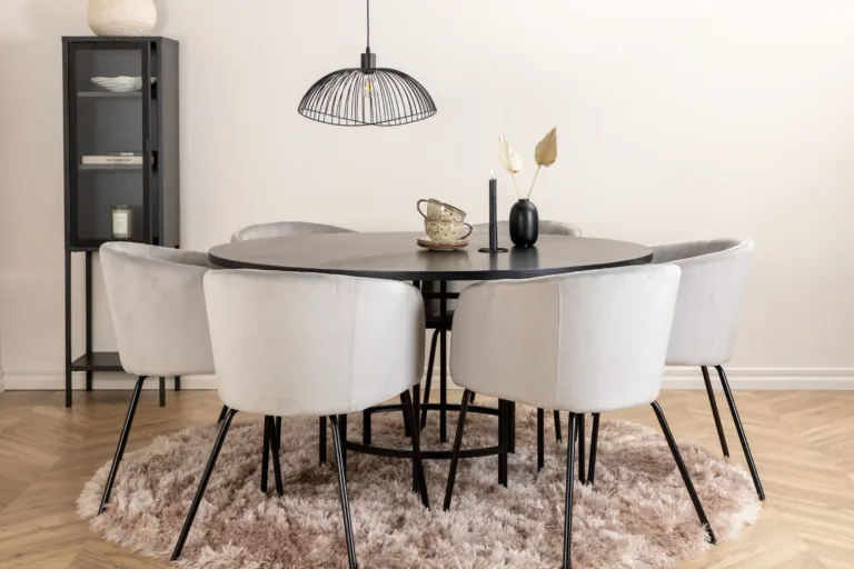 Ümmargune söögilaud Copenhagen (must, ø140cm) ja 6 halli sametist tooli - GR22017