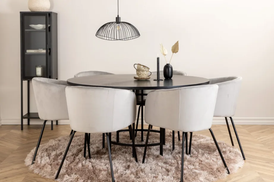 Ümmargune söögilaud Copenhagen (must, ø140cm) ja 6 halli sametist tooli, GR22017 – 5