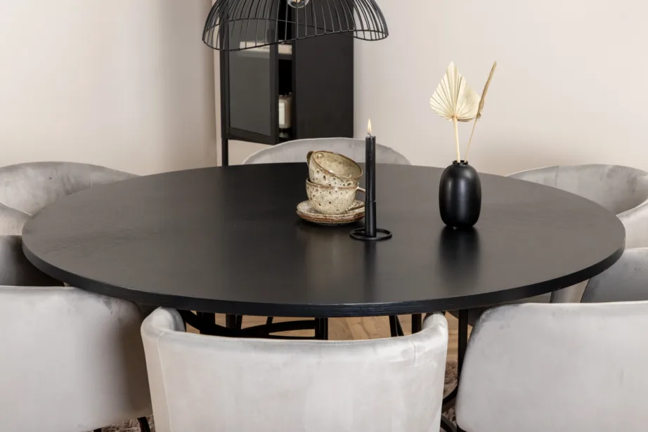 Ümmargune söögilaud Copenhagen (must, ø140cm) ja 6 halli sametist tooli, GR22017 – 6