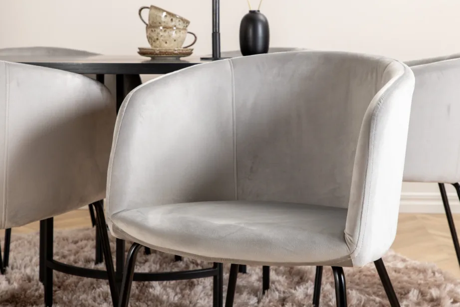 Ümmargune söögilaud Copenhagen (must, ø140cm) ja 6 halli sametist tooli, GR22017 – 8