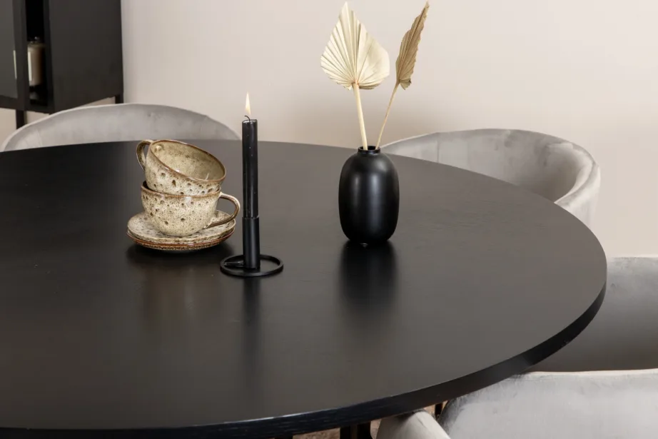 Ümmargune söögilaud Copenhagen (must, ø140cm) ja 6 halli sametist tooli, GR22017 – 9